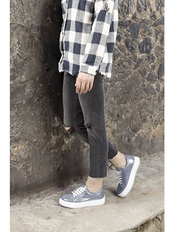 Kadın MAVİ Bağcıklı Dolgu Taban Hakiki Deri Sneaker - Görsel 3