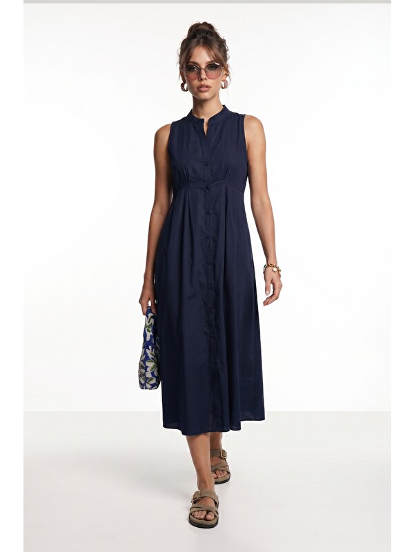 Happiness İstanbul Kolsuz Midi Poplin Gömlek Elbise LACİVERT LMX0093