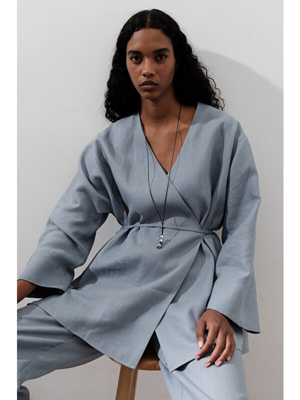 Manuka Keten Kruvaze Kapama Kimono Mavi