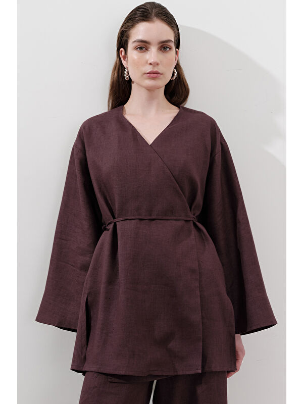 Manuka Keten Kruvaze Kapama Kimono Mürdüm