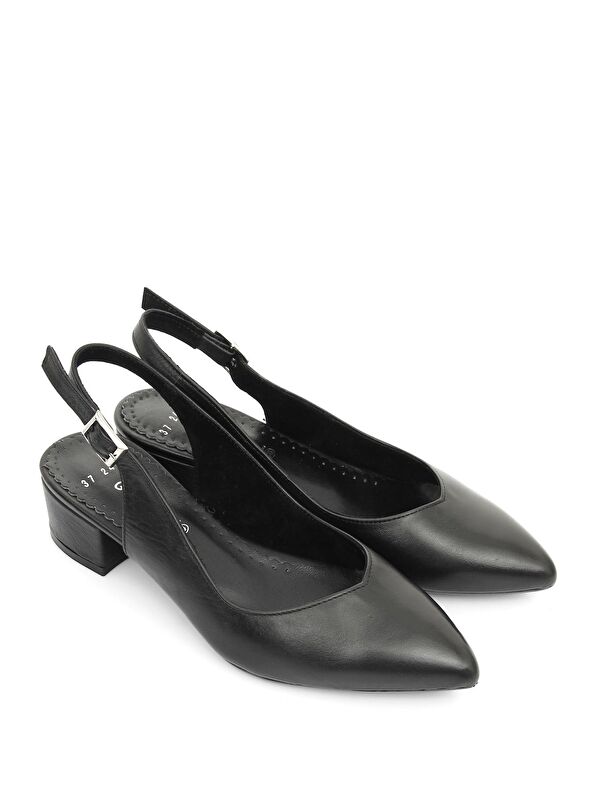 SİYAH Hakiki Deri Sivri Burun Kısa Kalın Topuklu Arkası Açık Kadın Yazlık Ayakkabı 24173 - Görsel 3