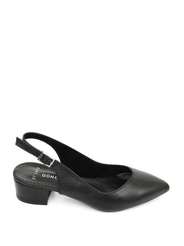 SİYAH Hakiki Deri Sivri Burun Kısa Kalın Topuklu Arkası Açık Kadın Yazlık Ayakkabı 24173 - Görsel 5
