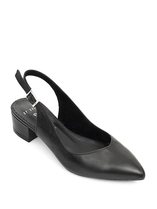 SİYAH Hakiki Deri Sivri Burun Kısa Kalın Topuklu Arkası Açık Kadın Yazlık Ayakkabı 24173 - Görsel 6