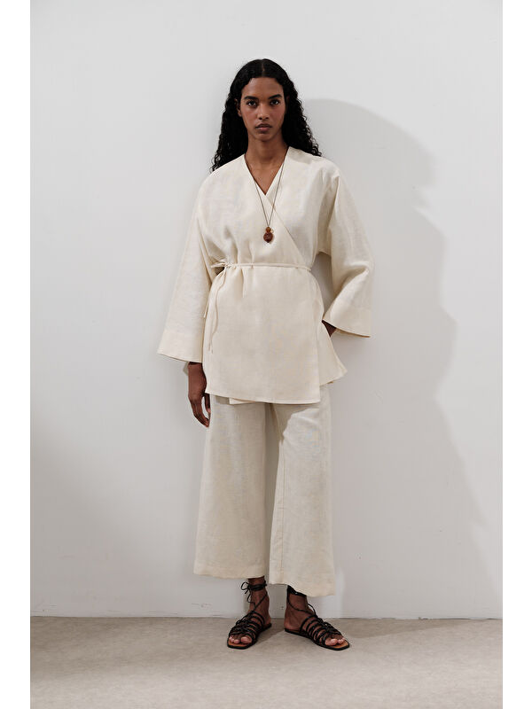 Manuka Keten Kruvaze Kapama Kimono Vanilya