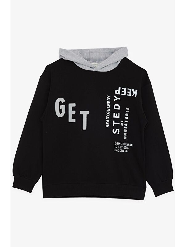 Breeze Erkek Çocuk Sweatshirt Kapüşonlu Yazı Baskılı Siyah (8-14 Yaş)