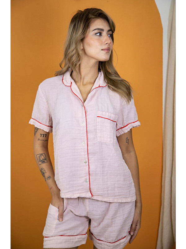 Varol %100 Pamuk Müslin Kadın Şortlu Pijama & Ev Giyim Takımı – Pembe