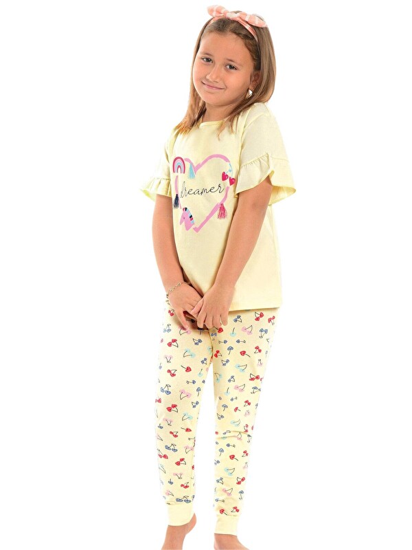 Little Frog Kids Pamuklu Kısa Kollu Desenli Paça Bantlı Kız Çocuk Pijama Takım