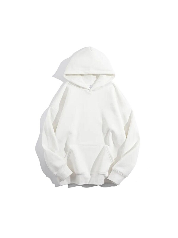 Trendseninle Kadın Beyaz Düz Oversize Kapüşonlu Sweatshirt