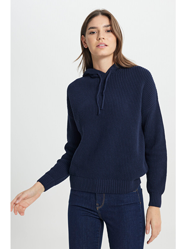 Wrangler Relaxed Fit Geniş Kesim Kapüşonlu Lacivert Triko Kazak