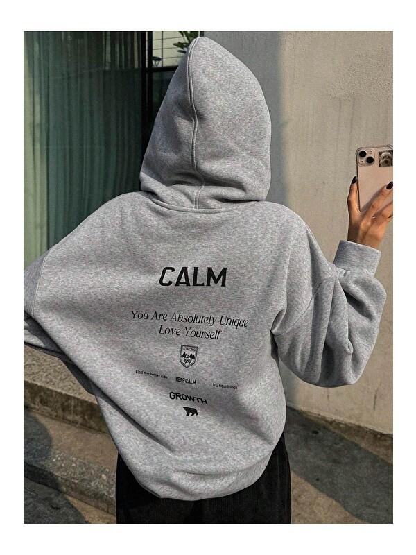 Trendseninle Kadın Gri Calm Growth Baskılı Oversize Kapüşonlu Sweatshirt