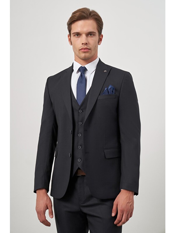 İMZA Koyu Lacivert Kılıç Yaka Yelekli 6 Drop Slim Fit Classic Takım Elbise 1001245156