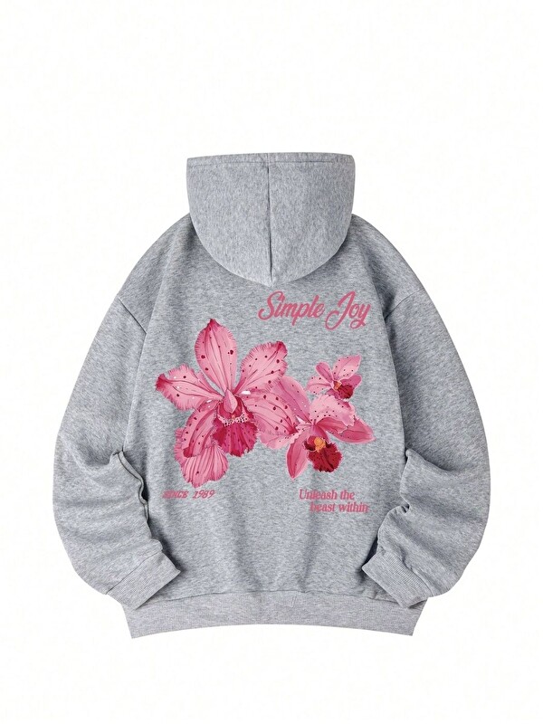 Trendseninle Kadın Gri Simple Joy Baskılı Oversize Kapüşonlu Sweatshirt Hoodie
