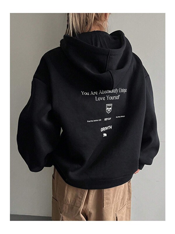 Trendseninle Kadın Siyah Calm Growth Baskılı Oversize Kapüşonlu Sweatshirt