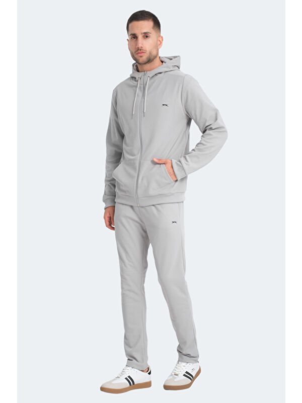 SLAZENGER RICH Erkek Fermuarlı Kapüşonlu Cepli Gri Eşofman Takımı