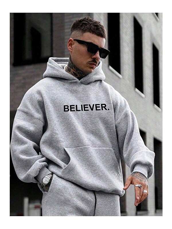 Trendseninle Gri Believer Baskılı Oversize Kapüşonlu Erkek Uzun Kollu Hoodie