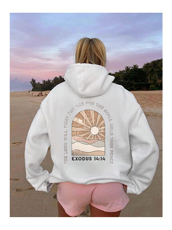 Trendseninle Kadın Beyaz Exodus Düz Oversize Kapüşonlu Sweatshirt Hoodie