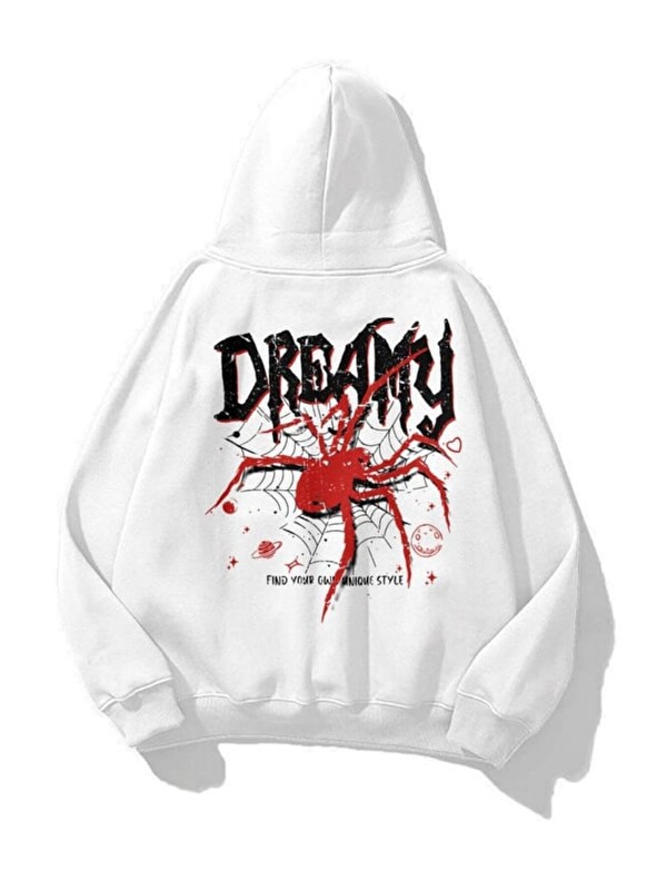 Trendseninle Unisex Dreamy Spider Baskılı Kapüşonlu Sweatshirt Hoodie Beyaz