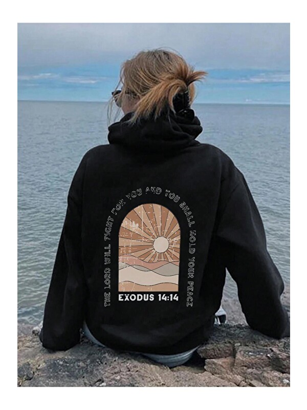Trendseninle Kadın Siyah Exodus Düz Oversize Kapüşonlu Sweatshirt Hoodie