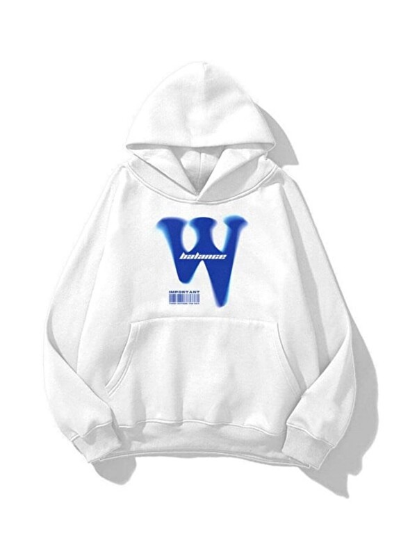 Trendseninle Unisex W Baskılı Kapüşonlu Sweatshirt Hoodie Beyaz