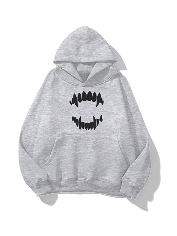 Trendseninle Unisex Tooth Baskılı Kapüşonlu Sweatshirt Hoodie Gri