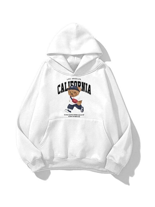 Trendseninle Unisex California Bear Baskılı Kapüşonlu Sweatshirt Hoodie Beyaz