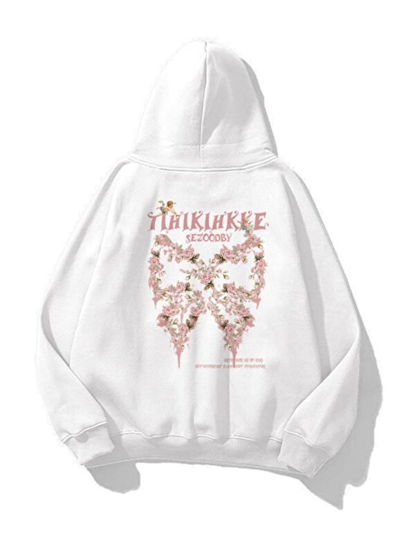 Trendseninle Unisex Rose Butterfly Baskılı Kapüşonlu Sweatshirt Hoodie Beyaz