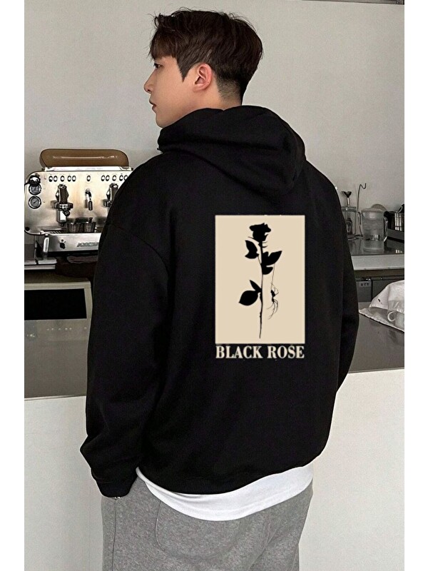 Trendseninle Siyah Black Rose Baskılı Oversize Kapüşonlu Sweatshirt Uzun Kollu Hoodie