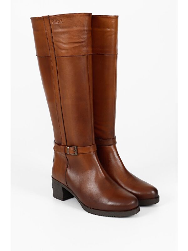 Gonderi(r) Kahverengi Gonderi(r) Hakiki Deri Topuklu Fermuarlı Kadın Çizme