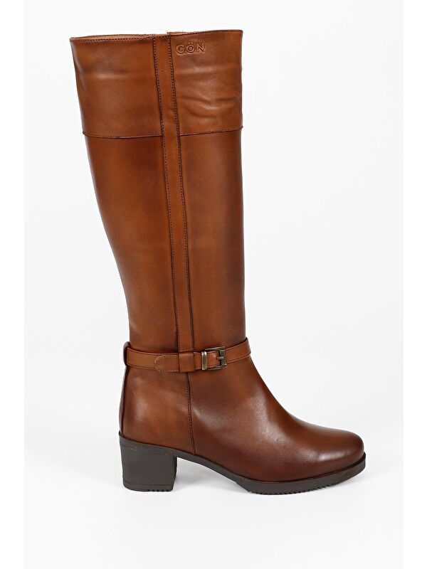Gonderi(r) Kahverengi Gonderi(r) Hakiki Deri Topuklu Fermuarlı Kadın Çizme