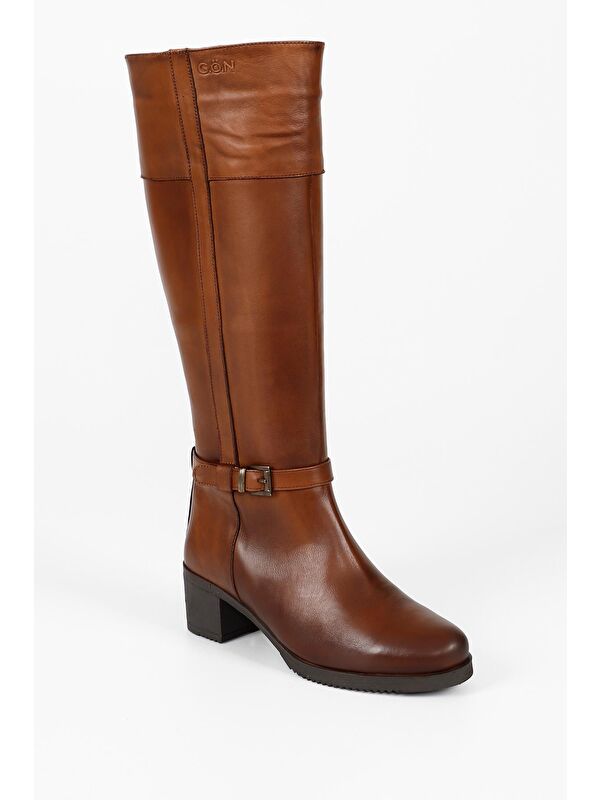 Gonderi(r) Kahverengi Gonderi(r) Hakiki Deri Topuklu Fermuarlı Kadın Çizme