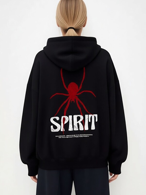 Trendseninle Siyah Spirits Baskılı Oversize Kapüşonlu Sweatshirt Hoodie