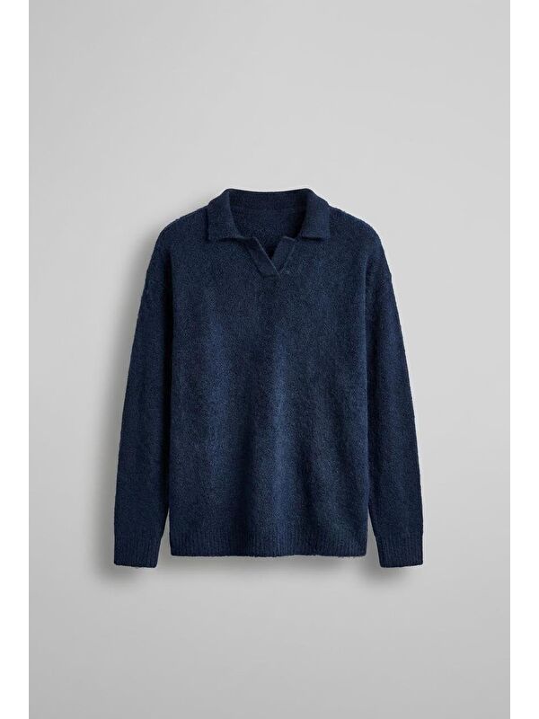 Abluka Online Erkek Polo Yaka Yumuşak Dokulu Oversize Kazak Lacivert