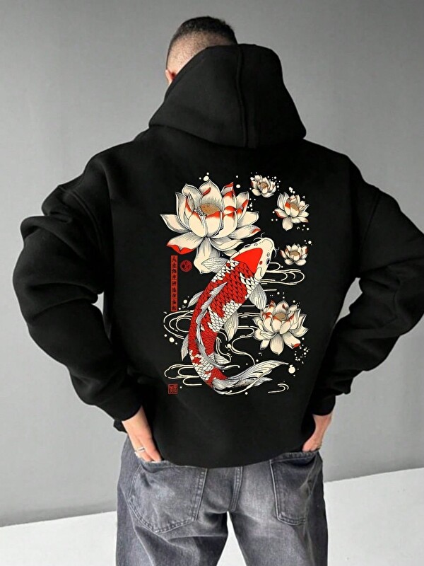 Trendseninle Unisex Erkek KOREA Fish Özel Baskı Pamuklu Oversize Kapüşonlu Sweatshirt Siyah