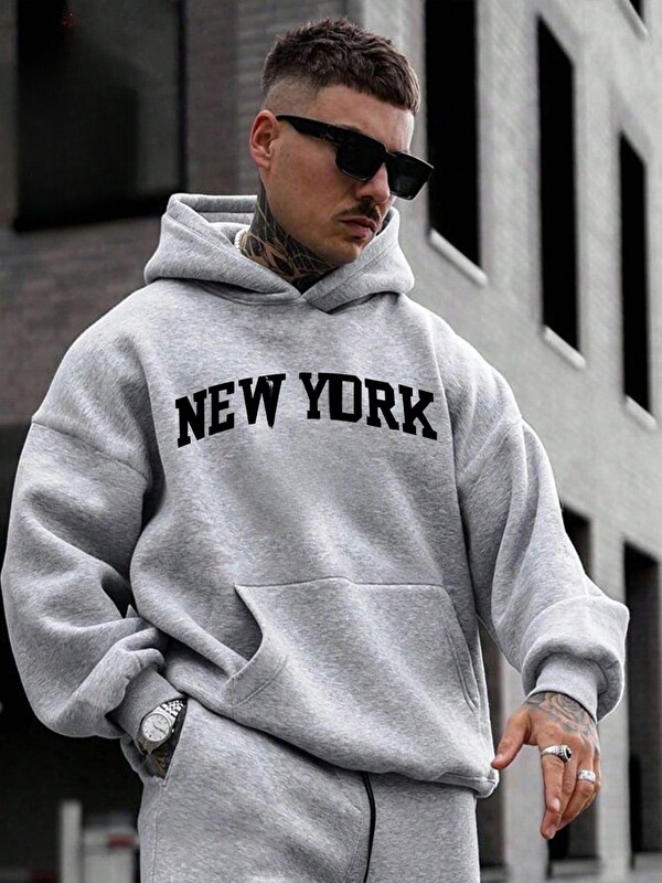 Trendseninle Unisex Erkek NEWYORK Özel Baskı Pamuklu Oversize Kapüşonlu Sweatshirt Gri