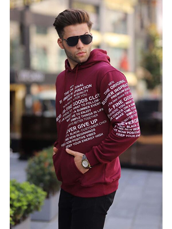 Madmext Bordo Baskılı Kapüşonlu Erkek Hoodie 6009