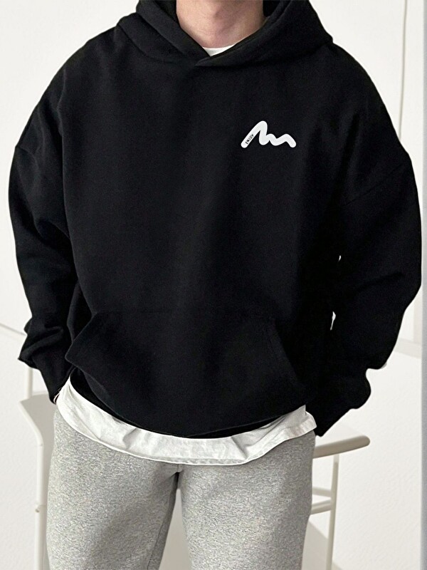 Trendseninle Siyah Enjoy Baskılı Kapüşonlu Oversize Sweatshirt