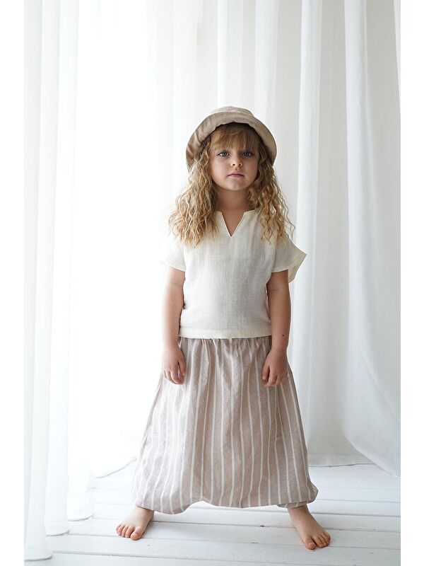 Catz Kids Linen Line Kahve Beyaz Samuray Şalvar + Krem Keten Samuray Bluz