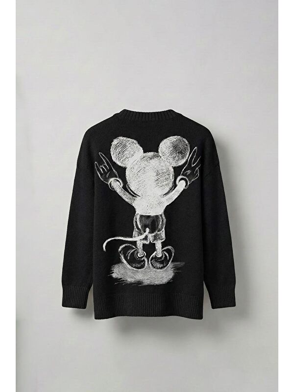 Abluka Online Erkek Oversize Mickey Mouse Kabartma Baskılı Kazak Siyah