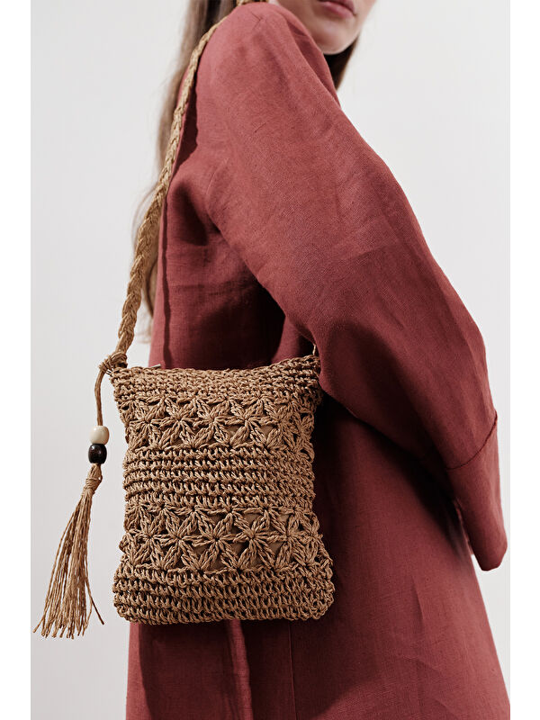 Manuka Püskül Detaylı Mini Hasır Çanta Natural