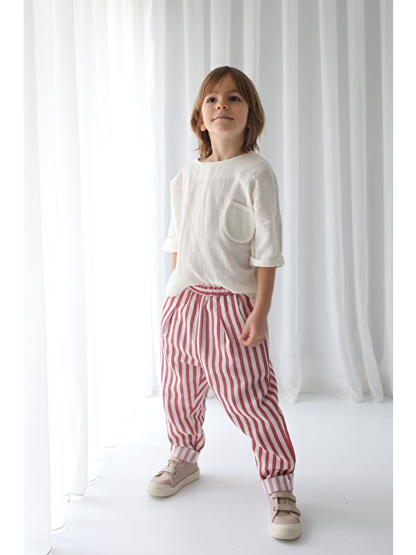 Catz Kids Kırmızı Beyaz Çizgili Keten Carrot Pantolon + Beyaz Müslin Cep Detaylı Gömlek