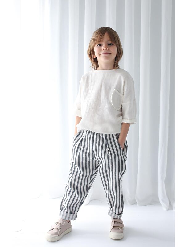 Catz Kids Çizgili Keten Carrot Pantolon + Müslin Cep Detaylı Gömlek