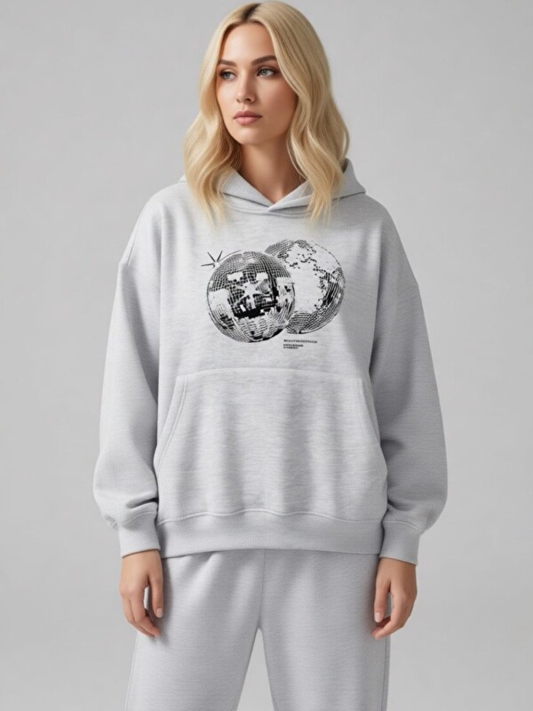 Trendseninle Unisex Double Ball Baskılı Kapüşonlu Sweatshirt Hoodie Gri