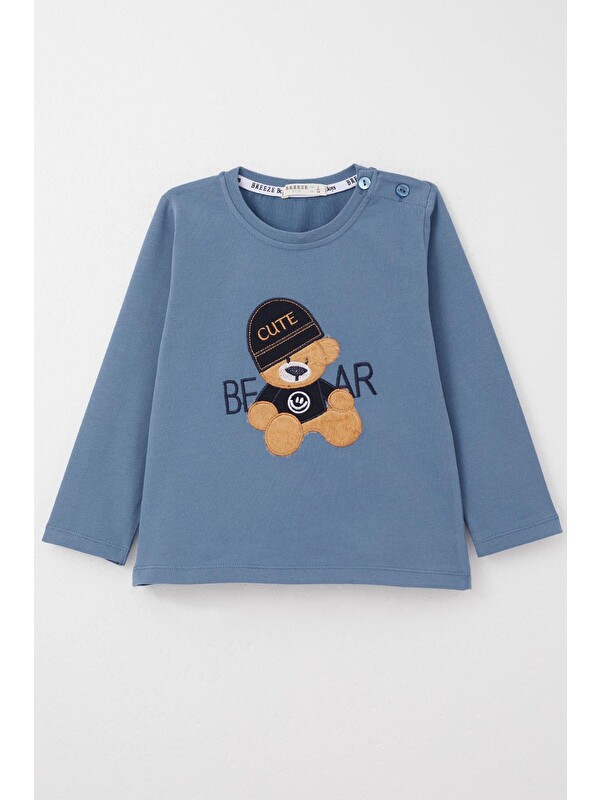 Breeze Erkek Bebek Uzun Kollu Tişört Havalı Ayıcık Nakışlı İndigo (9 Ay-1.5 Yaş)