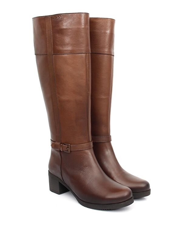 KAHVERENGİ Hakiki Deri Yuvarlak Burun Kauçuk Taban Topuklu Fermuarlı Tokalı Kadın Günlük Çizme 4456 - Görsel 3