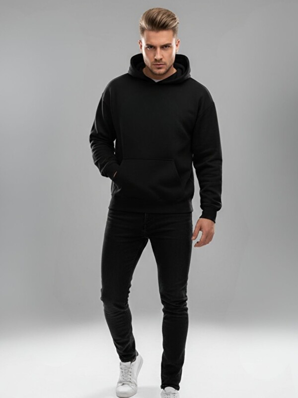 Trendseninle Erkek Siyah Standart Beden Düz Kapüşonlu Sweatshirt