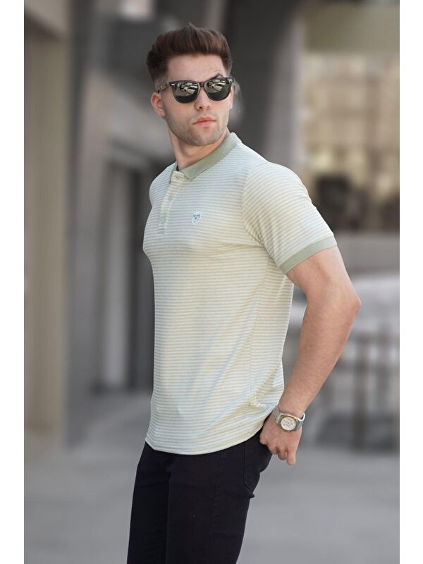 Madmext Mint Yeşili Çizgili Polo Yaka Tişört 5881