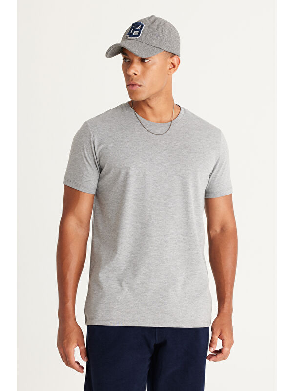AC&Co / Altınyıldız Classics Erkek Koyu Gri Slim Fit Dar Kesim %100 Pamuk Bisiklet Yaka Kısa Kollu Tişört