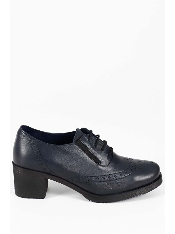 LACİVERT Hakiki Deri Yuvarlak Burun Orta Topuklu Kauçuk Taban Bağcıklı Kadın Ayakkabı 24231 - Görsel 6