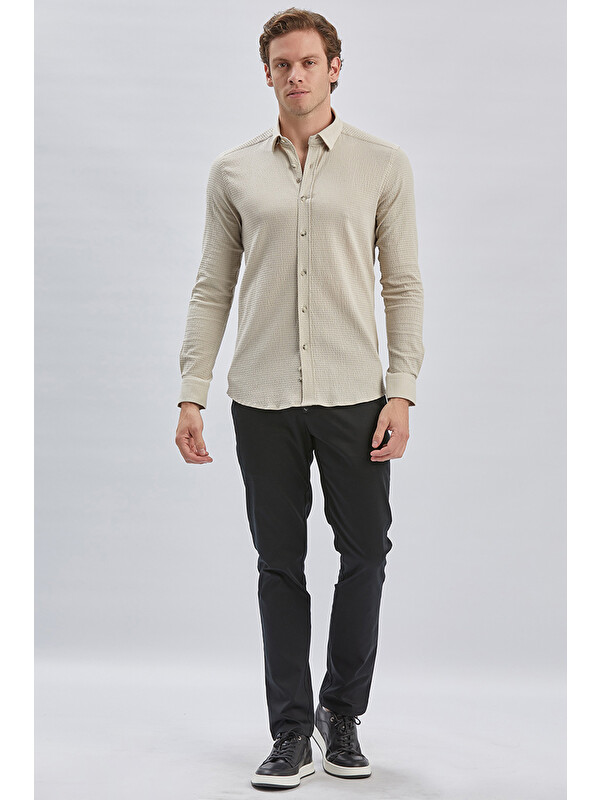İMZA Bej Uzun Kollu Biritli Yaka Biyeli Pamuklu Elastanlı Casual Slim Fit Dar Kesim Gömlek 1004240232