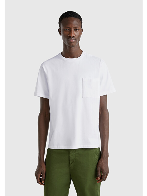 United Colors Of Benetton Erkek Beyaz %100 Pamuk Yama Cep Detaylı Oversize Tişört